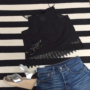 Cute Sheer Black Crop Tank Top with Lace Coachella